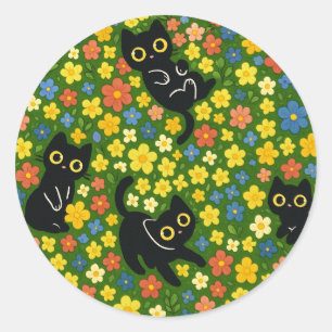 Süße schwarze Katzen Blumenwiese Muster Runder Aufkleber