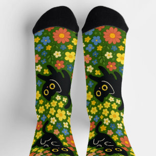 Süße schwarze Katzen Blumenwiese Muster Socken