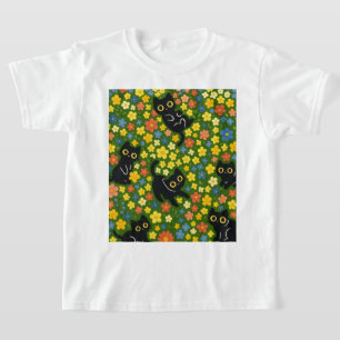 Süße schwarze Katzen Blumenwiese Muster T-Shirt