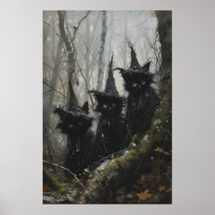 Süße schwarze Katzen in Hexenhüten Dunkles Cottage Poster