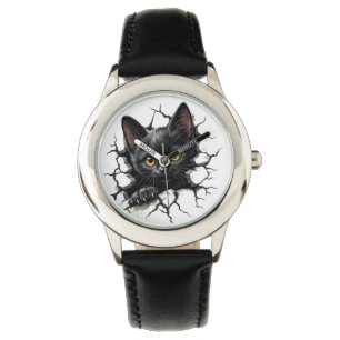 Süße schwarze Katzen-Kinderuhr mit Illustration vo Armbanduhr