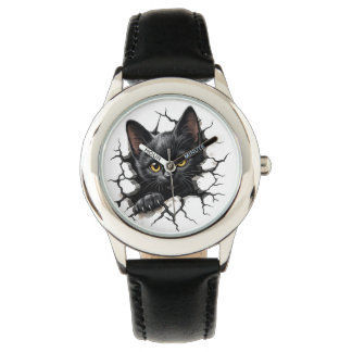 Süße schwarze Katzen-Kinderuhr mit Illustration vo Armbanduhr