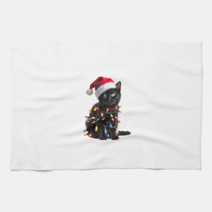 Süße schwarze Katzen-Santa-Weihnachtslichter-Miau- Geschirrtuch