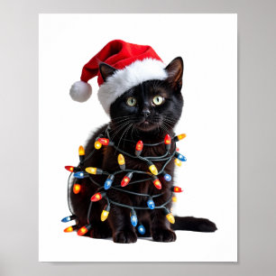 Süße schwarze Katzen-Santa-Weihnachtslichter-Miau- Poster