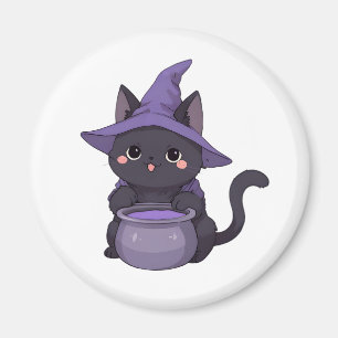 Süße schwarze Katzenhexe Halloween Kessel Magnet