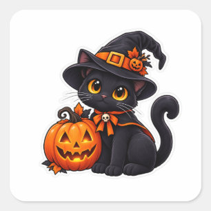 Süße schwarze Katzenhexe Halloween-Kürbis Quadratischer Aufkleber