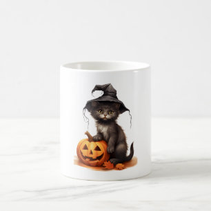 Süße schwarze Katzenhexenhut-Kürbis-Halloween-Kost Kaffeetasse