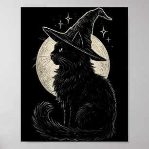 Süße schwarze Katzenhexenhut Mond Retro Coquette B Poster