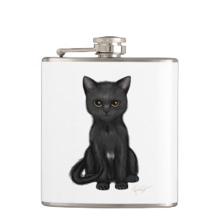 Süße schwarze Miezekatze-Katze mit hellen goldenen Flachmann
