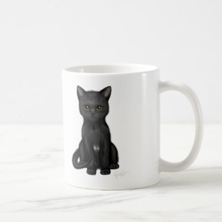 Süße schwarze Miezekatze-Katze mit hellen goldenen Kaffeetasse