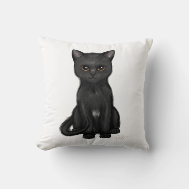 Süße schwarze Miezekatze-Katze mit hellen goldenen Kissen (Vorderseite)