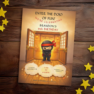 Süße schwarze Ninja-Holztüren Dojo Kindergeburtsta Einladung