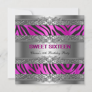 Süße Sechzehn 16 Party Hot Pink Silber Zebra Schwa Einladung