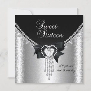 Süße Sechzehn 16 Party Schwarz Silber Diamant 2 Einladung