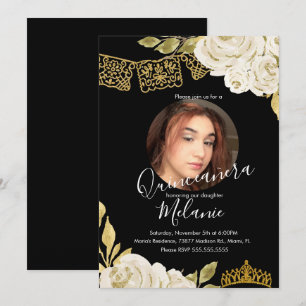 Süße Sechzehn Elfenbein Glitter Faux Blumen Foto Einladung