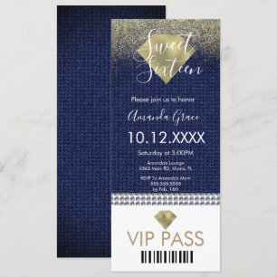 Süße Sechzehn Gold Denim Diamanten Glitter Einladung