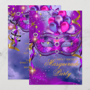 Süße Sechzehn Lila Gold Blau Maskenball-Party Einladung