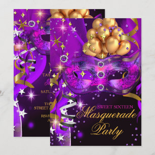 Süße Sechzehn Lila Gold Schwarze Maskenparty Einladung