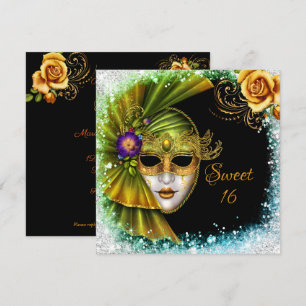 Süße Sechzehn Maskenball Mardi Gras Gold Grün Einladung