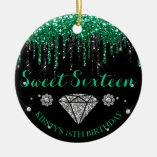Süße Sechzehn mit Smaragdgrünem Glitter-Tropfen Keramik Ornament