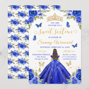 Süße Sechzehn Prinzessin Blau Blumen Gold Tiara Einladung