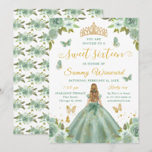 Süße Sechzehn Prinzessin Grün Floral Gold Tiara Einladung
