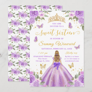 Süße Sechzehn Prinzessin Lila Blumen Gold Tiara Einladung