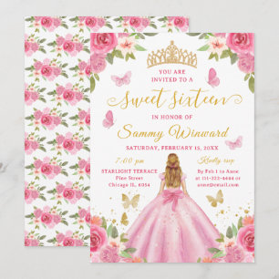 Süße Sechzehn Prinzessin Rosa Blumen Gold Tiara Einladung