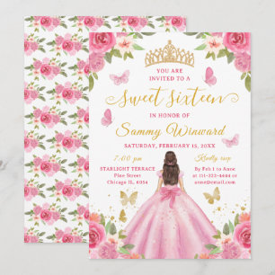 Süße Sechzehn Prinzessin Rosa Blumen Gold Tiara Einladung