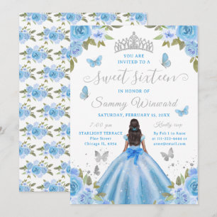 Süße Sechzehn Schwarze Prinzessin Blaue Blumen-Tia Einladung