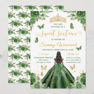 Süße Sechzehn Schwarze Prinzessin Grüne Florale Ti Einladung