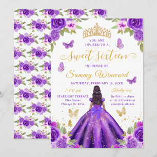 Süße Sechzehn Schwarze Prinzessin Lila Blumen-Tiar Einladung
