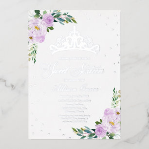 Süße Sechzehn-Tiara Lavendelblüten Silber Folieneinladung