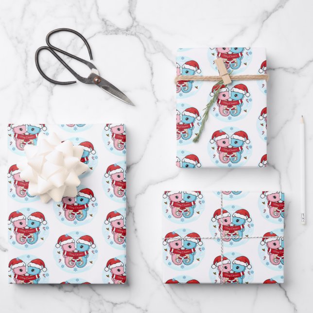 Süße Seepferdchen-Weihnachtspapierbögen Geschenkpapier Set (Vorderseite)