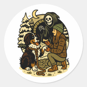 Süße Sensenmann-Girl-und-Hund-Gruselwald-Nacht Runder Aufkleber