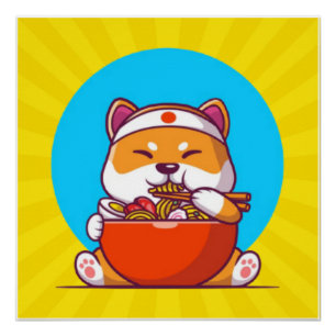 Süße Shiba Inu essen Ramen-Nudel-Cartoon Poster