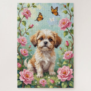 Süße Shih Tzu im Frühlingsrosengarten Hund