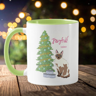 Süße siamesische Katze mit Thunfisch fröhliche Wei Tasse