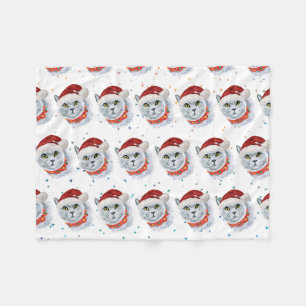 Süße silberne Katze mit Weihnachtsmannmütze Weihna Fleecedecke