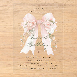 Süße Sixteen-Party Pink Coquette Bogen Rose Floral Acryleinladungen