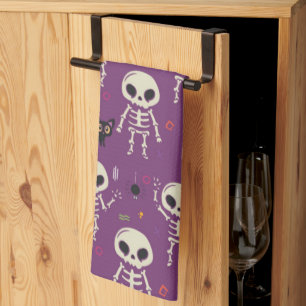 Süße Skelette Halloween-Muster Lila Geschirrtuch