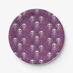Süße Skelette Halloween-Muster Lila Pappteller