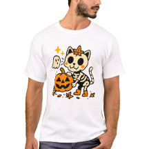 Süße Skelettkatze mit Kürbis-T-Shirt