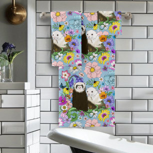 Süße skurrile blaue niedliche florale Frettchen-Pa Badhandtuch Set
