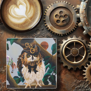 Süße skurrile braune Steampunk-Eule Zylinderhut Glasuntersetzer
