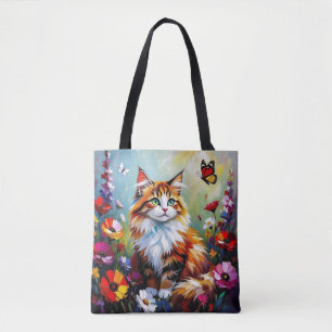 Süße skurrile Katze, Blumen und Schmetterlinge Tasche