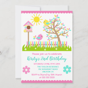 Süße Sommerbaum-Blumen-Vögel-Birthday-Party-Einlad Einladung
