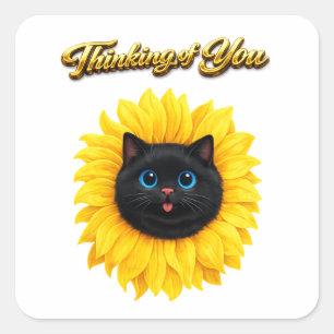 Süße Sonnenblume Schwarze Katzengesicht Denkt an D Quadratischer Aufkleber