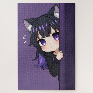 Süße spähende Neko Chibi – Schüchterne lila Katzen