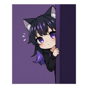 Süße spähende Neko Chibi – Schüchterne lila Katzen Poster